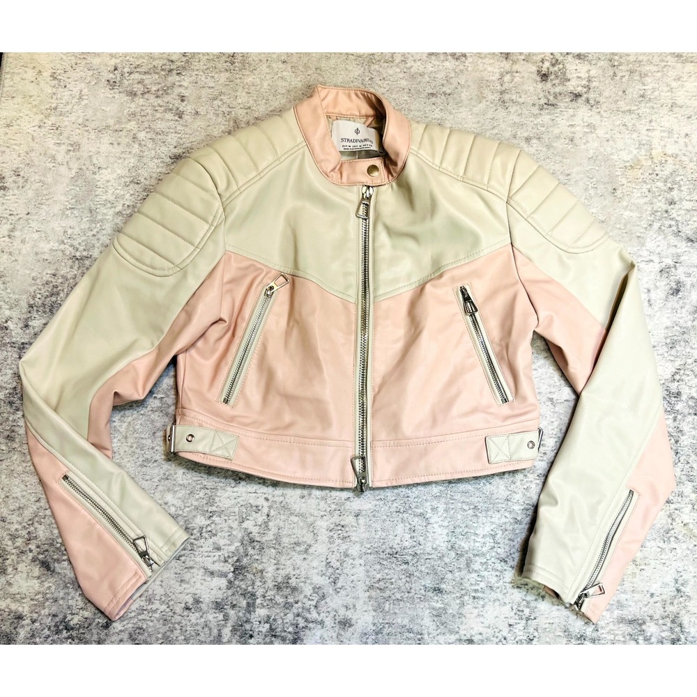 Stradivarius Motorcross Jacket Womens Medium Beige Pink Faux Leather Full Zipper